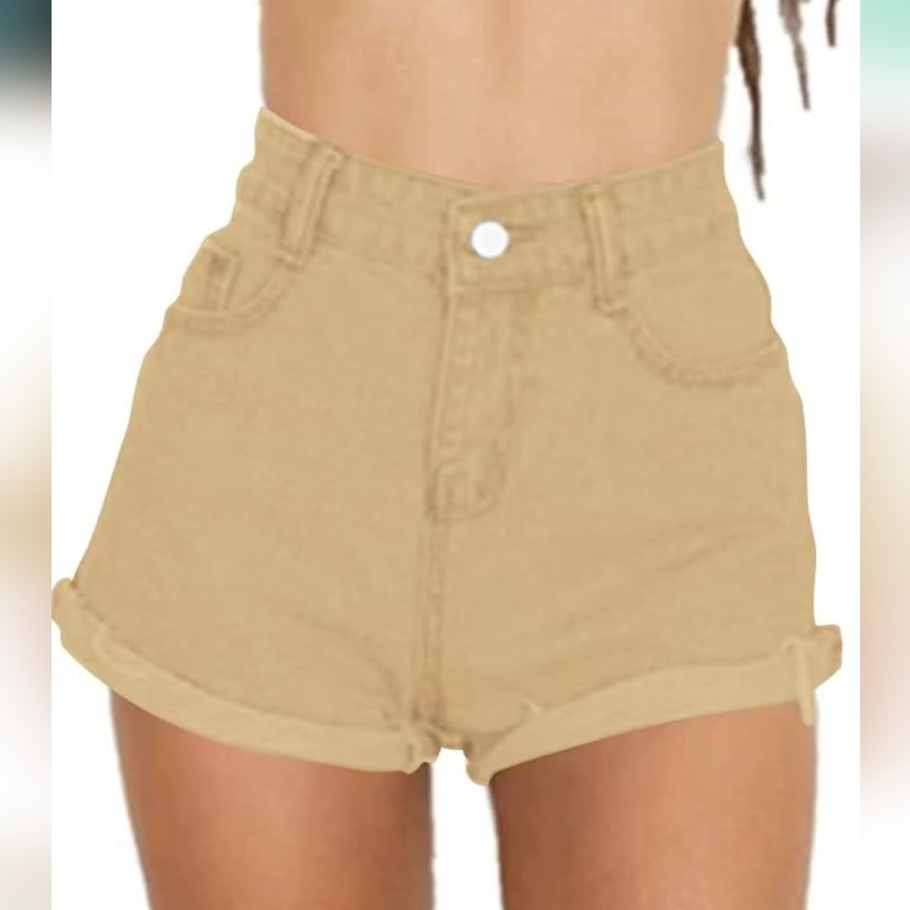 High-Waisted Tan Denim Shorts